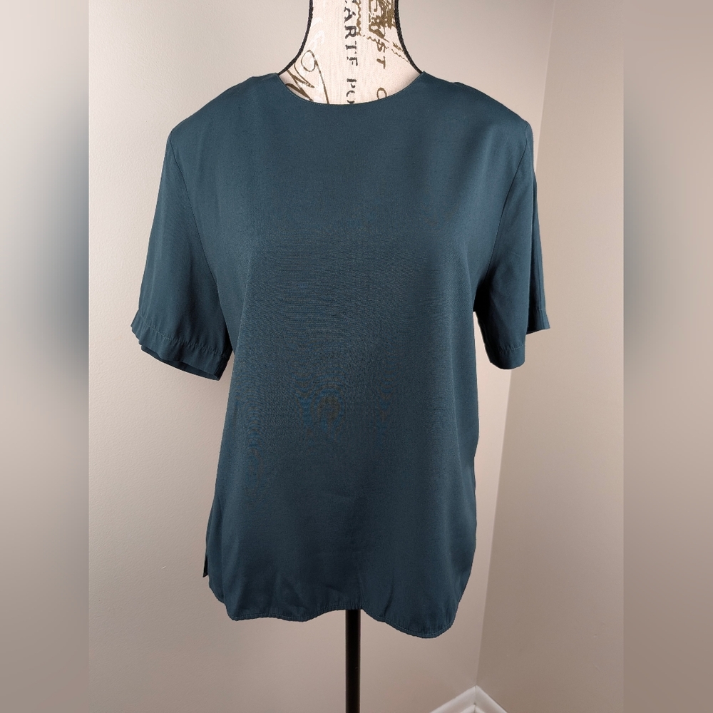 Gloria Lance Green Teal Vintage Short Sleeve Top Padded Minimalist Size Medium